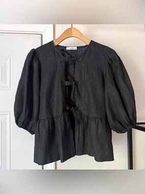 NATI‎ black linen puff short sleeve tie front cropped blouse shirt top